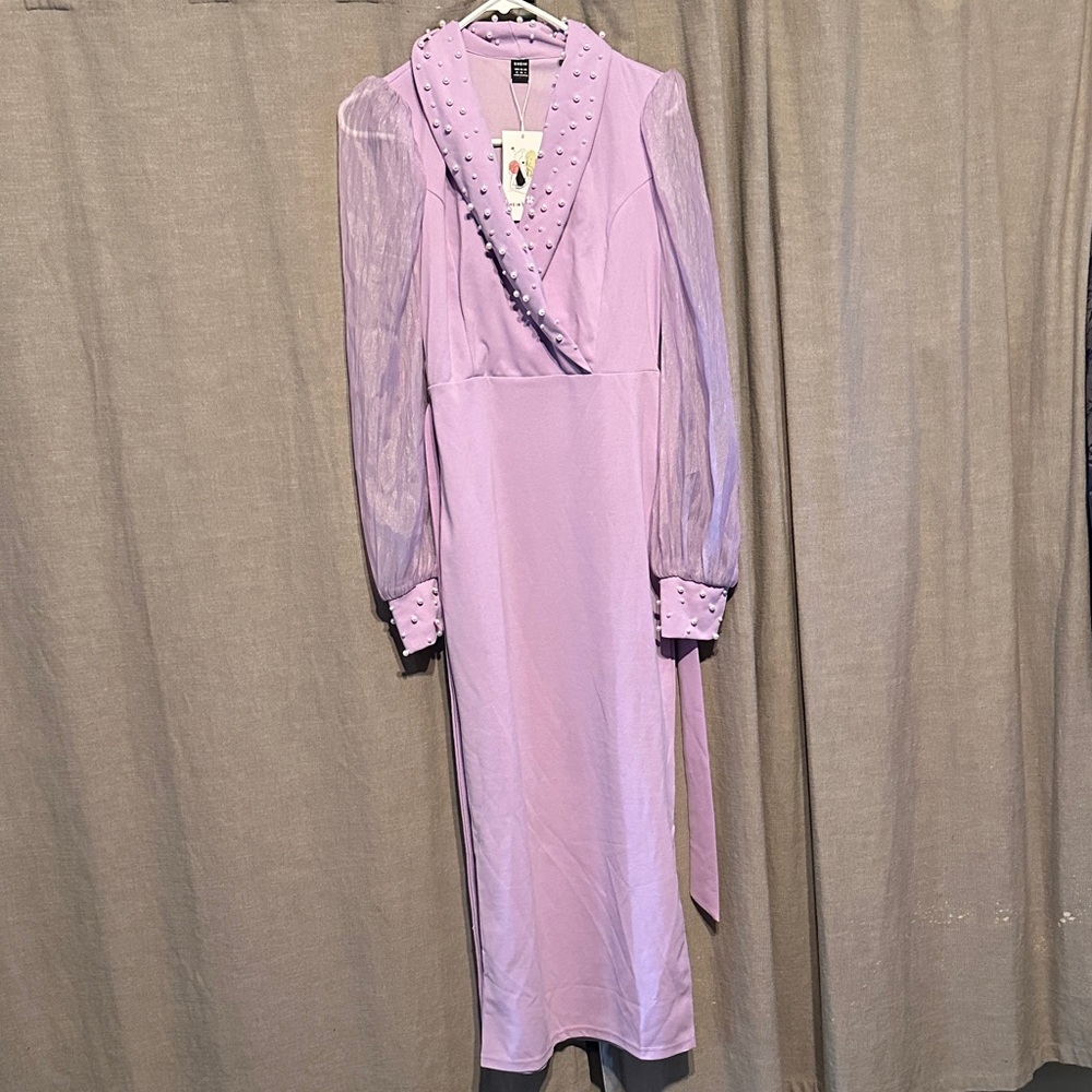 SHEIN Purple V-Neck Bishop Sleeve Gown